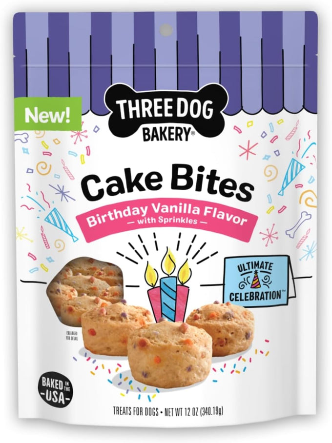 Three Dog Bakery Ultimate Celebration Cake Bites, Soft-Baked Dog Treats with Real Ingredients, 12 oz, Vanilla and Honey Flavor, Drool-Worthy Aroma, Birthday Cake for Dogs