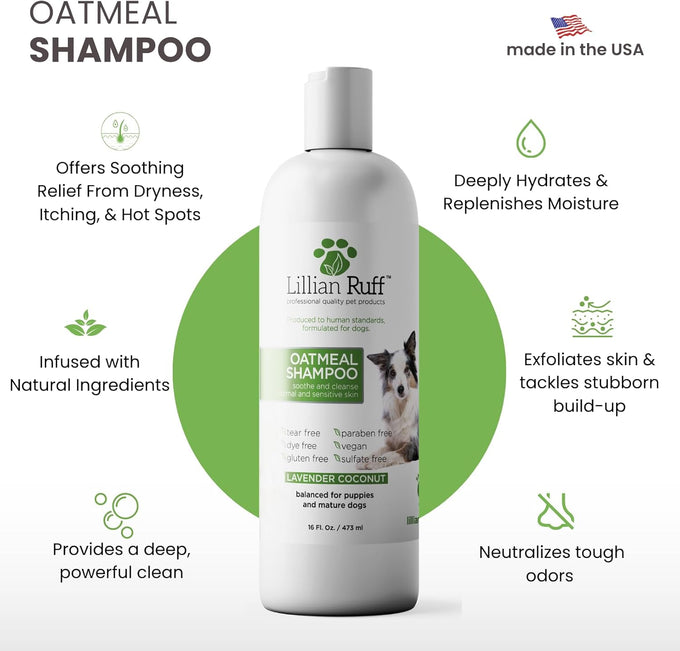 Lillian Ruff Pro oatmeal dog shampoo for dry skin, itching & allergies, 16oz with brush, made in USA, non-toxic, natural ingredients
