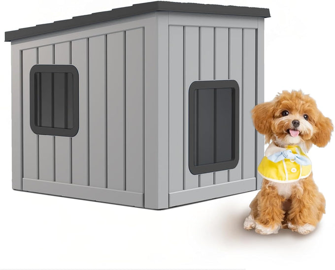 DRATO resin material dog house, multi-functional pet house for small to medium dog, black, medium size