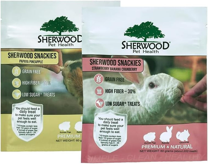 sherwood pet health snackies for small pets, grain-free, real fruit, low sugar, high fiber, heart-shaped treats in multiple flavors