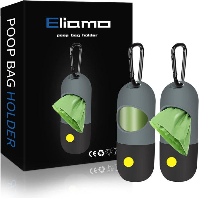 Eliamo 2-Pack Dog Poop Bag Dispenser with LED Flashlight and Carabiner Clip, Blue, Leash Holder for Night Walking