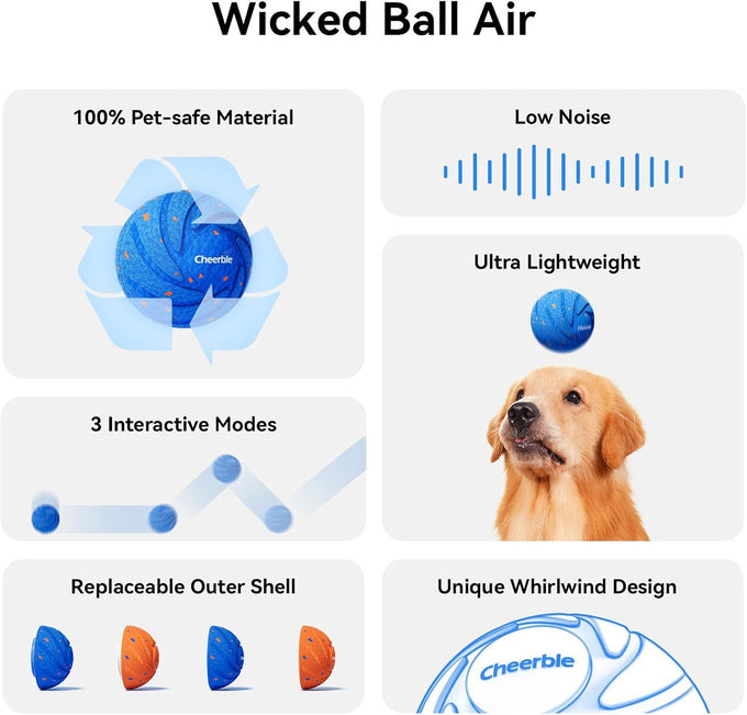 Cheerble Wicked Ball AIR Interactive Dog Toy, E-TPU Material, IPX7 Waterproof, Medium to Large Dogs, 3 Modes, Replaceable Shell
