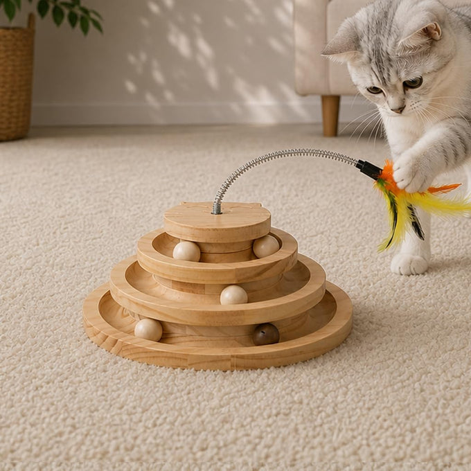 pine cat track toy for big cats, 4 layer wooden ball tower with feather wand, 9.9 inches, eco-friendly
