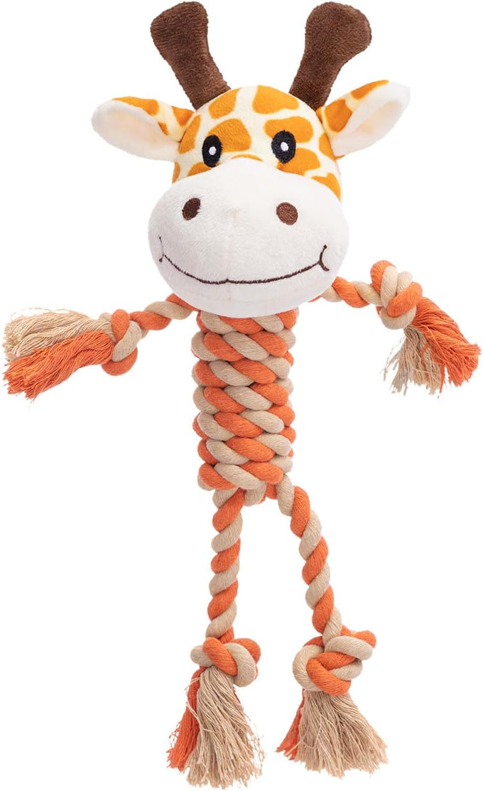 Giraffe plush squeak toy for dogs, premium soft plush, reinforced braided rope, squeaker & crinkle paper, machine washable
