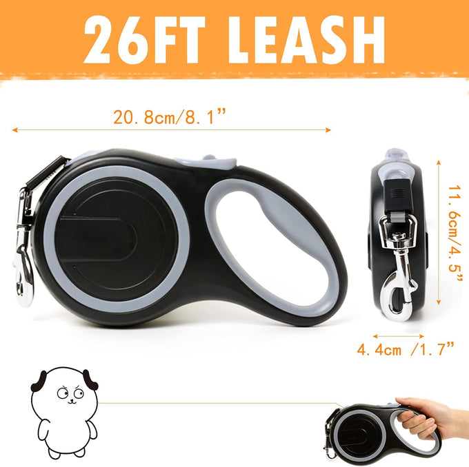 26Ft Retractable Dog Leash, Heavy Duty, Anti-Slip Rubberized Handle, One-Handed Brake, Strong Nylon Tape, Tangle Free for Dogs up to 110 lbs, Large Size