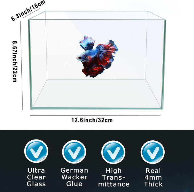 12.6" L 3-gallon nano glass aquarium with separator plate, LED light, filter for betta, multi-functional square fish tank, white 4mm glass