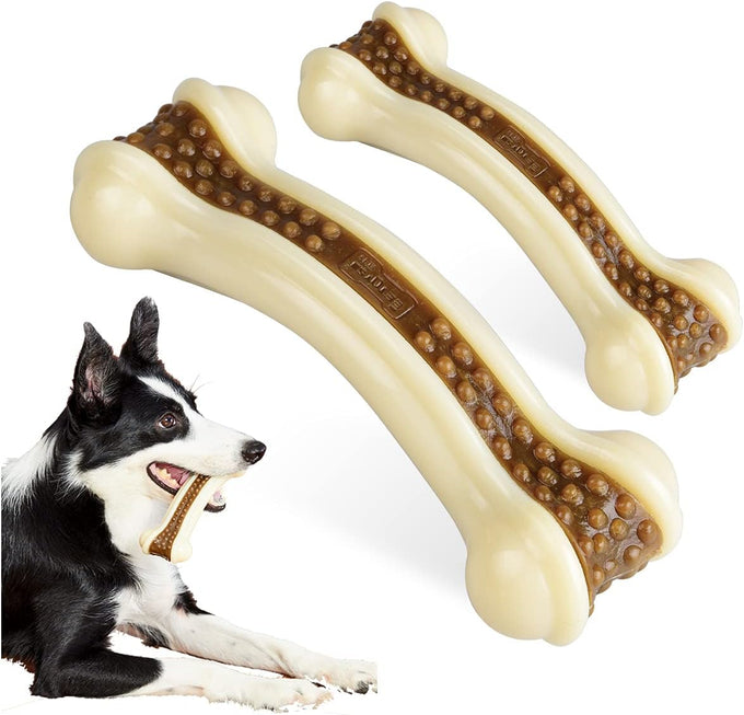 Nylon dog chew toys, 2 pack, beef flavor, indestructible, teething, bone shape, large, medium, small puppies