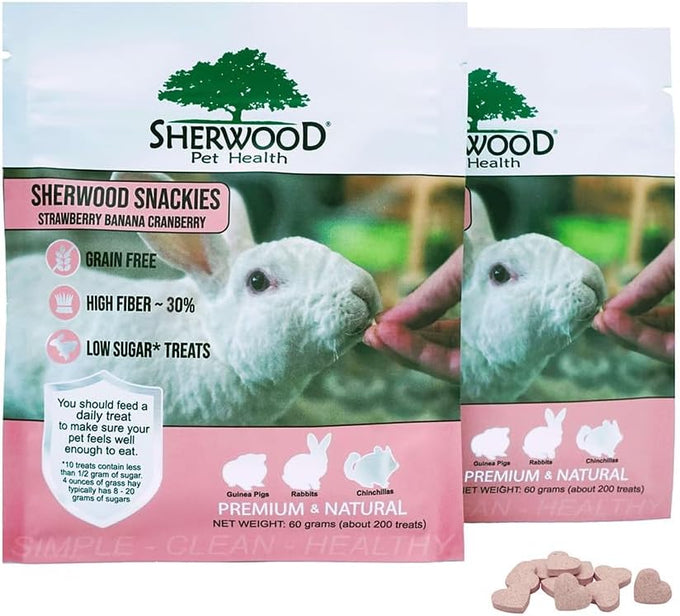 sherwood pet health snackies for small pets, grain-free, real fruit, low sugar, high fiber, heart-shaped treats in multiple flavors