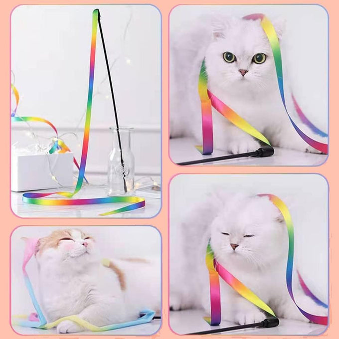 Lasocuhoo 2-pack Interactive Cat Teaser Wand String Ribbon Rainbow Charmer for Cats and Kittens