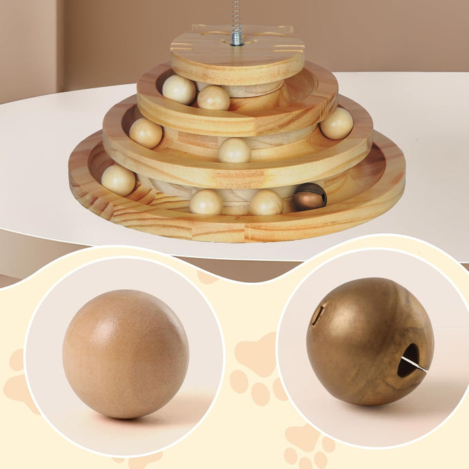 pine cat track toy for big cats, 4 layer wooden ball tower with feather wand, 9.9 inches, eco-friendly