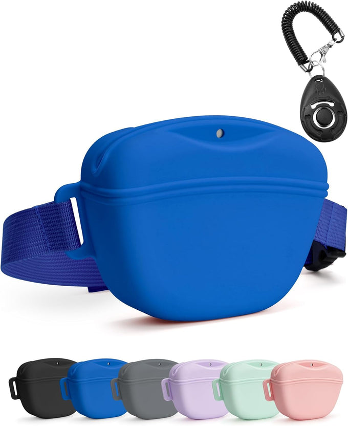 heouvo dog treat pouch with training clicker, 1.67 cup silicone, compact fanny pack with waist belt for pet training and walking, black