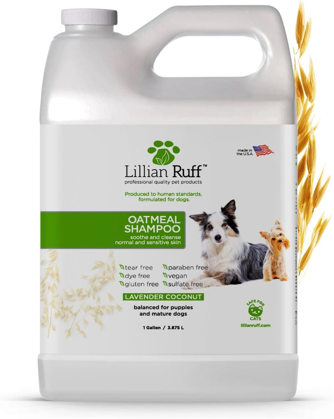 Lillian Ruff Pro oatmeal dog shampoo for dry skin, itching & allergies, 16oz with brush, made in USA, non-toxic, natural ingredients