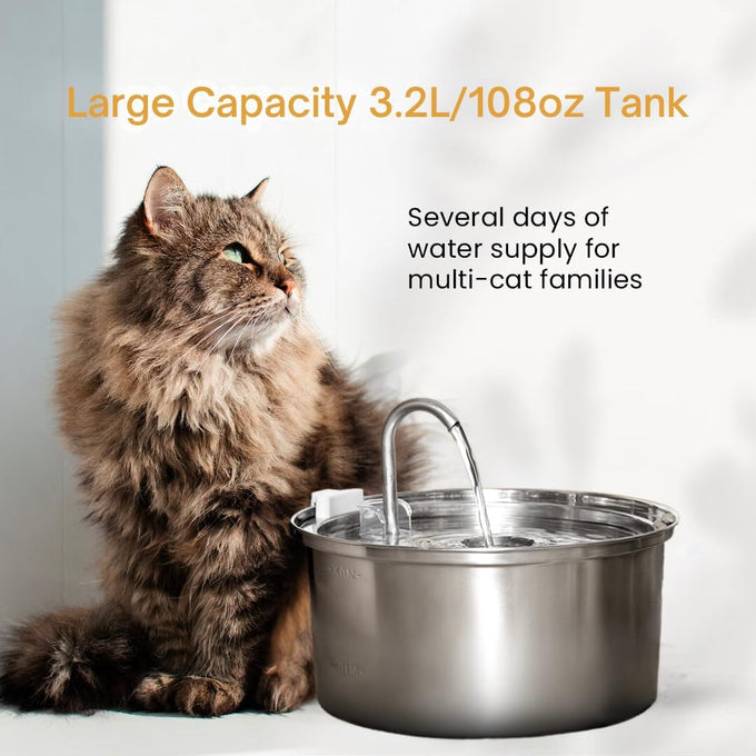kittySpout stainless steel cat water fountain, 3.2L corded, automatic, quiet, dishwasher safe, 304 stainless steel, 1.5W pump, 20dB noise level
