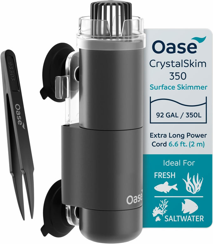oase crystalskim 350 surface skimmer for freshwater and marine aquariums, compact, adjustable flow, shrimp-safe, up to 92 gal / 350 l