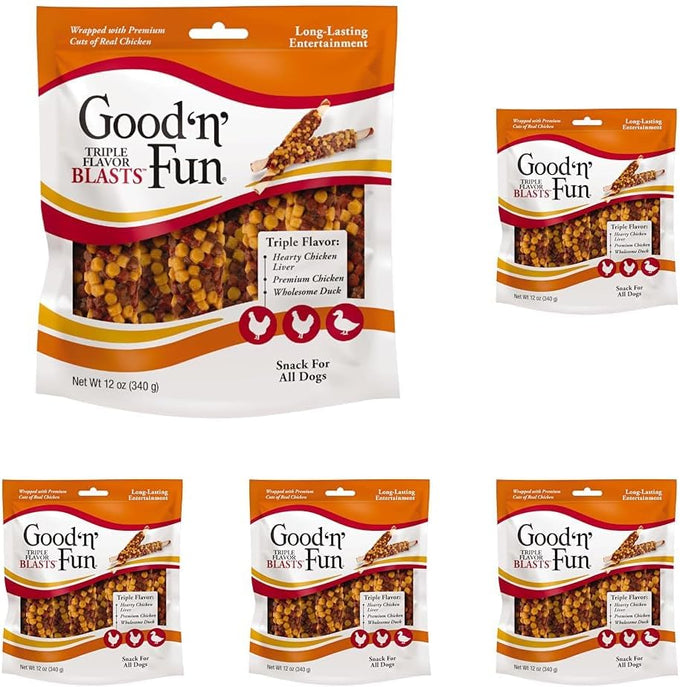Good 'n' Fun Triple Flavor Blasts - Chicken, Duck, and Beef Hide Chews for Dogs, 4 Ounces, Long-Lasting Snack