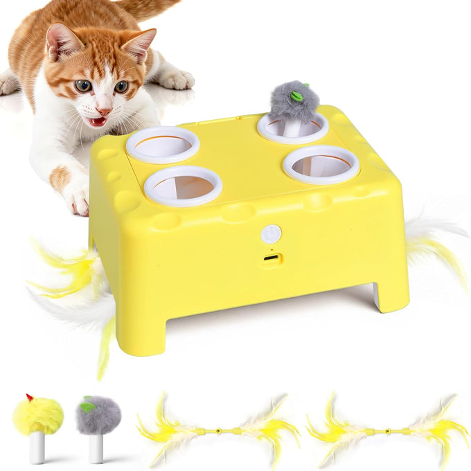 Cheese Box Interactive Cat Toy, 3-in-1 Whack a Mole Feather Toy for Indoor Cats, 4 Holes Kitten Toy, Yellow