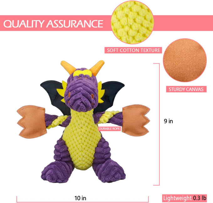 goola purple dragon dog toy, plush squeaky toy for large breeds, durable cotton, machine washable, 5 squeakers, chew toys