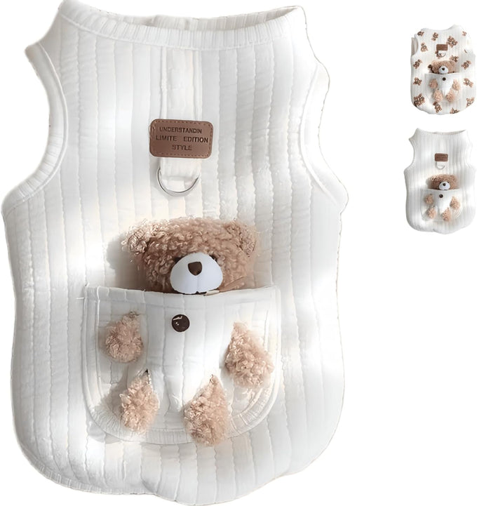 Cute pet apparel plush bear pattern cartoon dog clothes white 11-20lbs sleeveless pullover