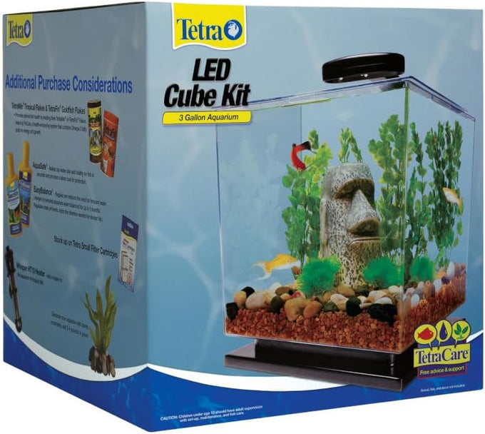 Tetra 3-gallon cube-shaped aquarium kit with pedestal base, LED light, and filter for small tropical fish