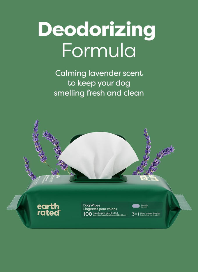 Earth Rated 3-in-1 Hypoallergenic Dog Wipes, Lavender Scented, 100 Count, 8" x 8", Biobased