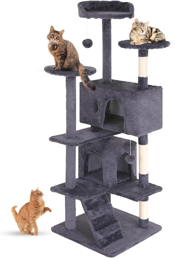 FDW 54 Inch Dark Gray Cat Tree Tower with Sisal Scratching Posts and Condos for Kittens and Adult Cats