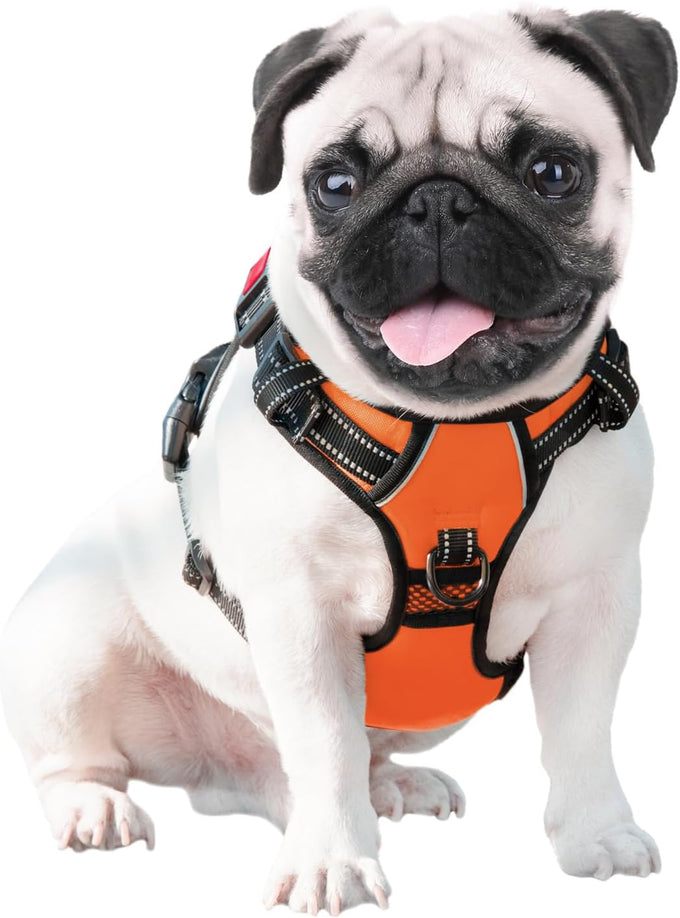 Phoepet medium size reflective dog harness with handle, easy to put on and take off, orange color