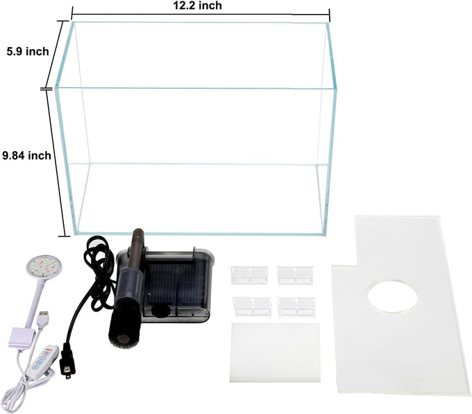 3-gallon glass small fish tank starter kit with high-efficiency filter and led lights lid