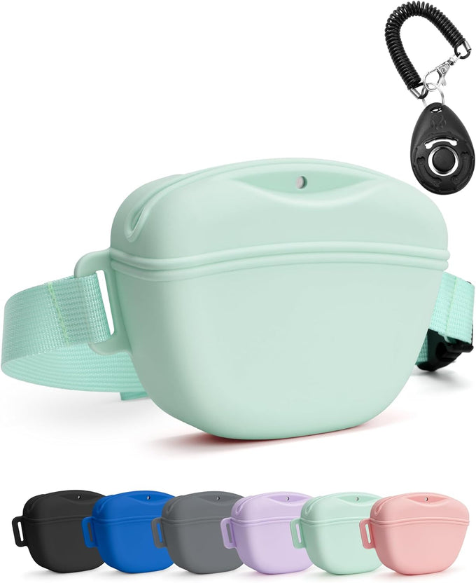 heouvo dog treat pouch with training clicker, 1.67 cup silicone, compact fanny pack with waist belt for pet training and walking, black