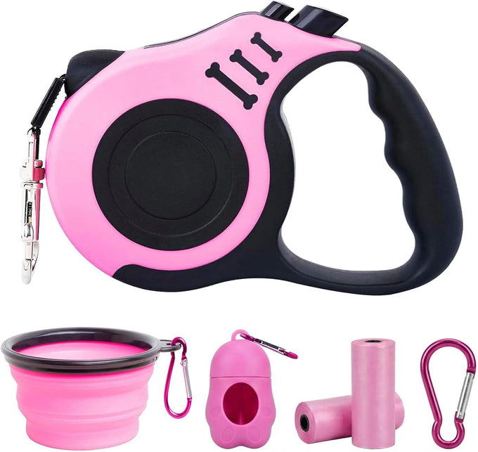 petimp lightweight 16ft retractable dog leash set with pink folding bowl and accessories