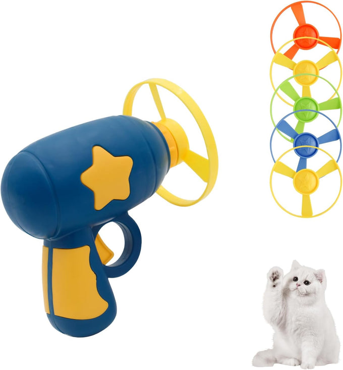 Andiker Cat Fetch Toy, blue, interactive kitten flying disc launcher with 5 colorful propellers for training and chasing