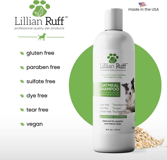 Lillian Ruff Pro oatmeal dog shampoo for dry skin, itching & allergies, 16oz with brush, made in USA, non-toxic, natural ingredients