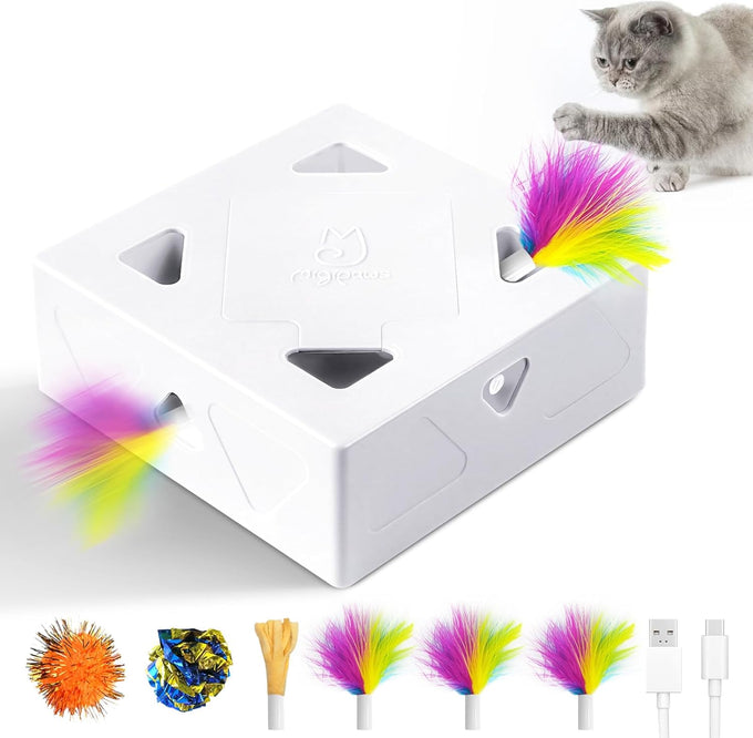 Migipaws Automatic MigiBox Plus Cat Toys 3-in-1 Interactive Pounce Mystery Under 12 Holes Rechargeable White Kitten Toy