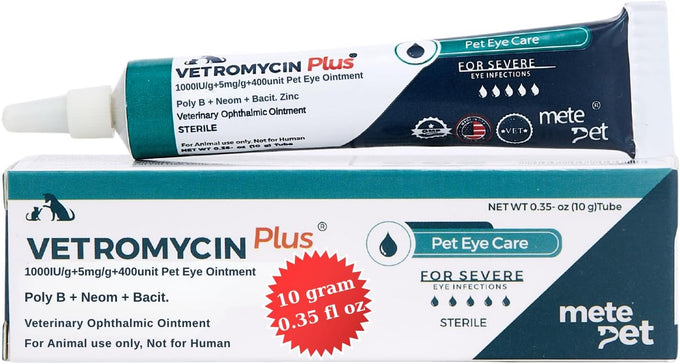 Vetromycin Plus pet eye cream for dogs, cats, cattle, sheep, horses, and birds in 0.35 oz/10 gr tube