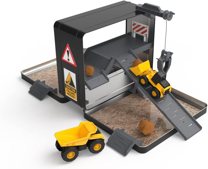 cat construction toys store n go playset tin travel case transforms into multi-level worksite, includes 2 little machines vehicles & 10+ accessories, portable stem toy for kids ages 3+