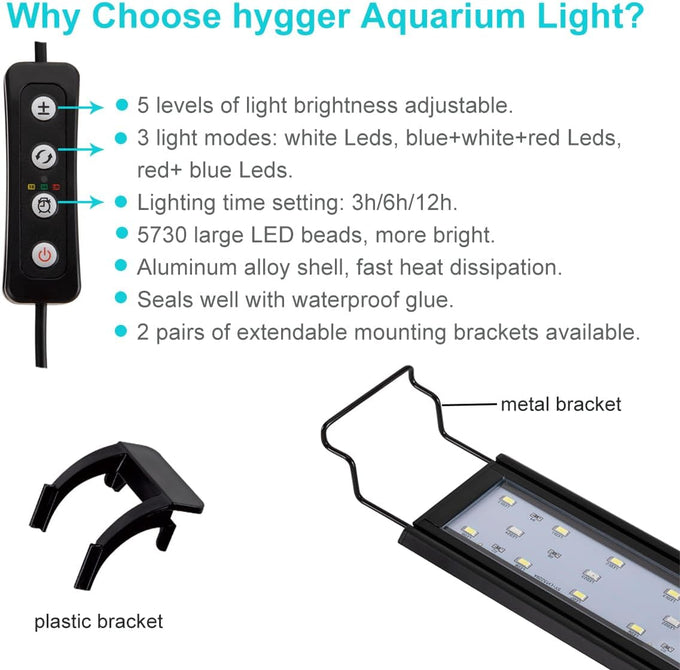 hygger 14w full spectrum aquarium light with aluminum alloy shell, white blue red leds, external controller, for freshwater fish tank 18-24 inches