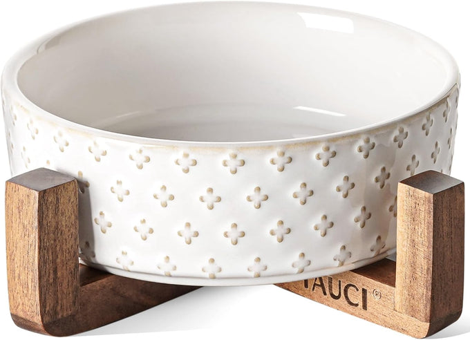 Le Tauci Acacia Wood Stand Dog Bowl Set with 1.5-Cup Ceramic Bowls for Small Dogs and Cats, Non-Slip Base