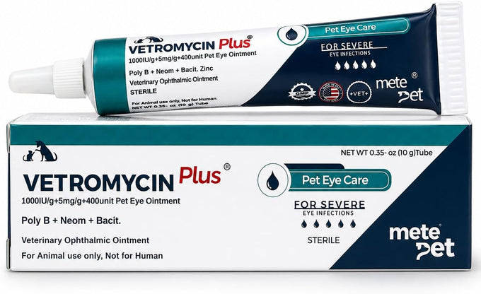Vetromycin Plus pet eye cream for dogs, cats, cattle, sheep, horses, and birds in 0.35 oz/10 gr tube
