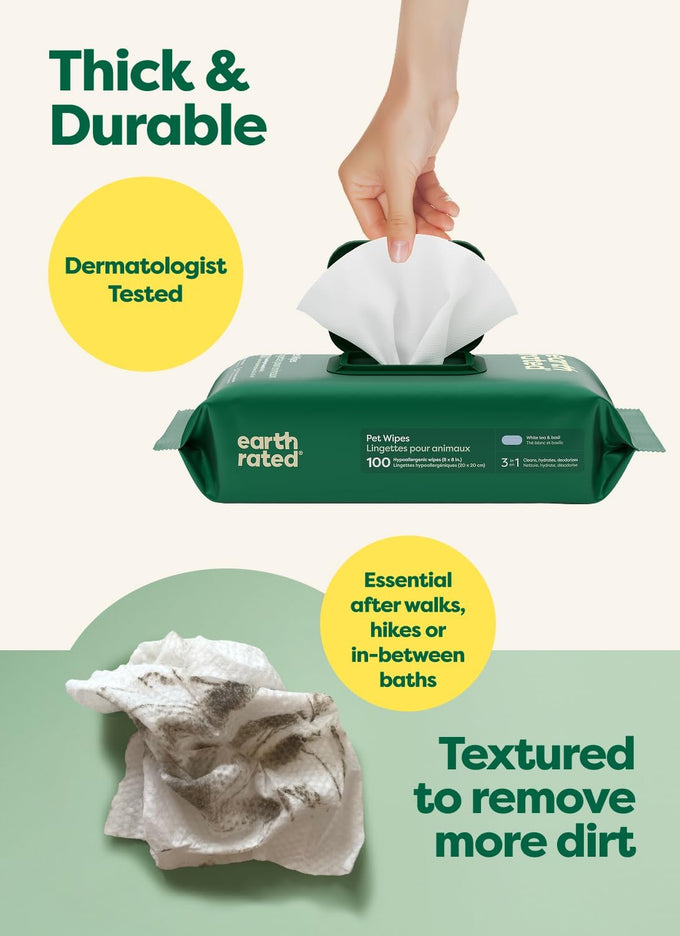 Earth Rated pet wipes for dogs and cats, 3-in-1 cleaning, hypoallergenic, 100 count, white tea and basil scent