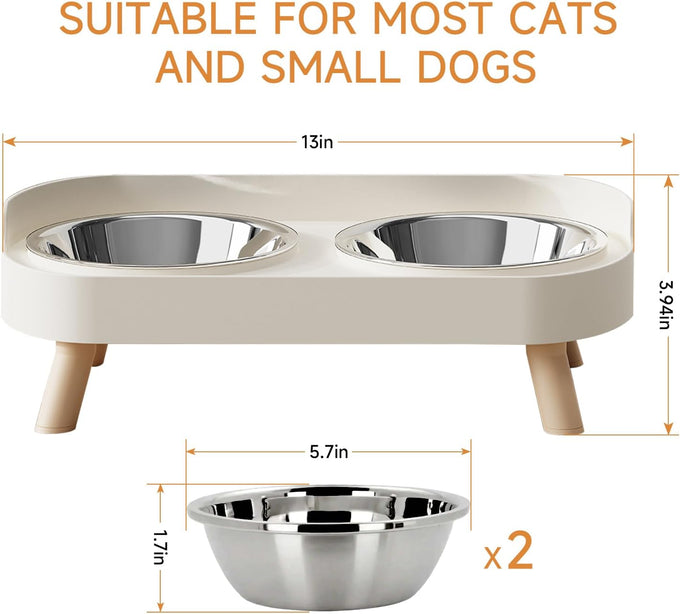 Elevated White Stainless Steel Cat Bowl Set for Indoor Cats with Whisker Fatigue Reduction and Dishwasher Safe -
