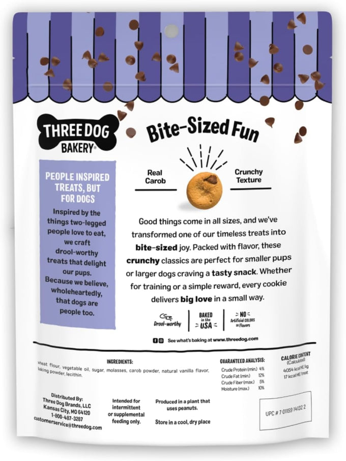 Three Dog Bakery Mini Carob Chip Cookies 8 oz Crunchy Dog Treats with Real Ingredients