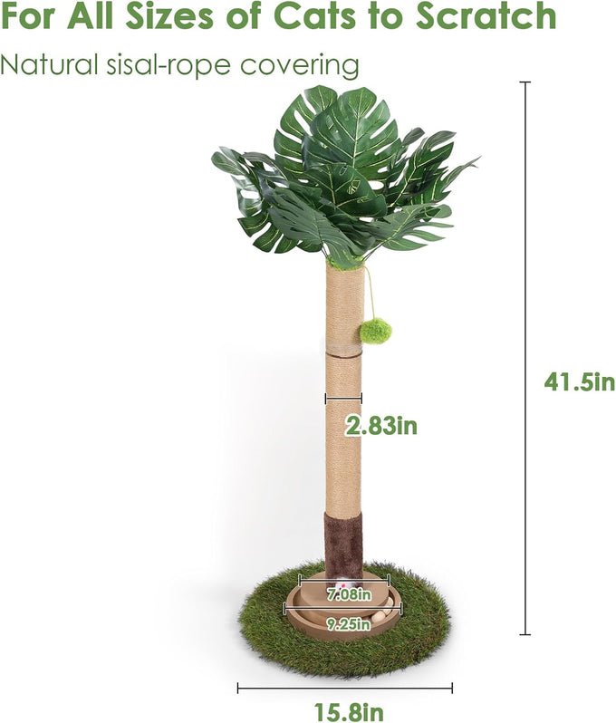 Monstera 41in Cat Scratching Post with Sisal Rope Tower and Hanging Mouse Toy for Indoor Adult Cats