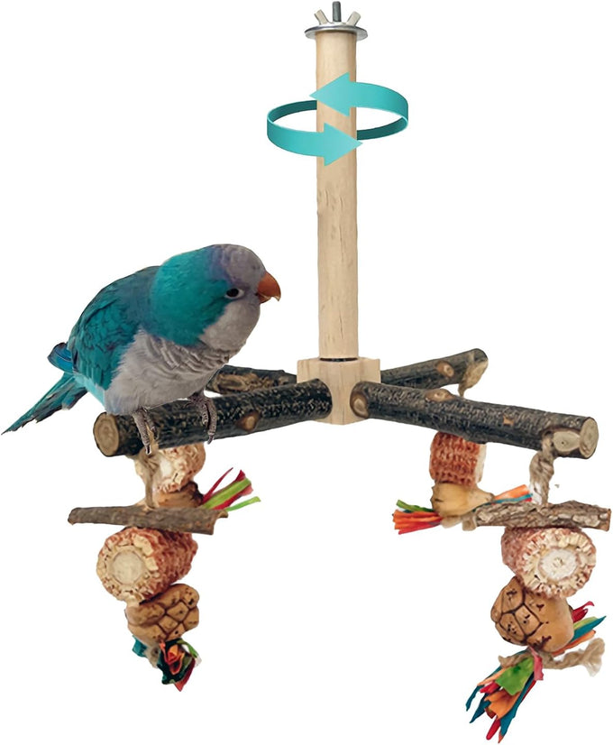 Bird Perch 360° Rotating Wooden Stand with Natural Chew Toys for Small Parrots and Conures