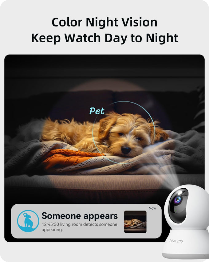 blurams 2K Security Camera with 360-degree view, smart motion tracking, and 2-way audio for home security