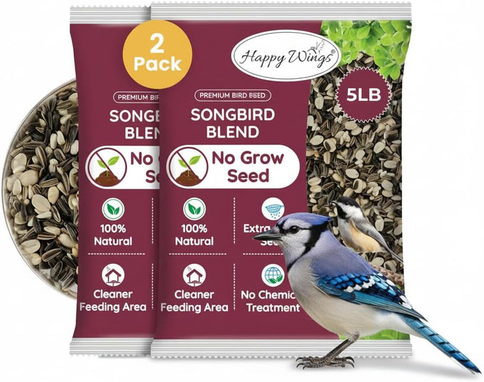 Happy Wings 5lb No Grow Songbird Bird Seed Mix with Sunflower, Safflower & Peanuts for Outside Feeders