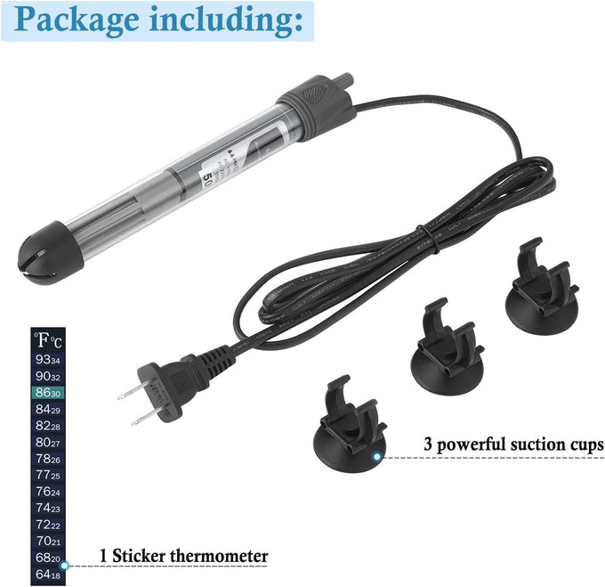 Hitop 50w submersible aquarium heater for 8-16 gal fish tanks with adjustable thermostat