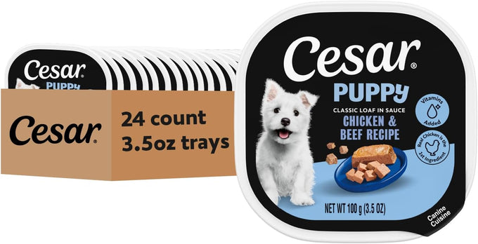 Cesar Puppy Classic Loaf in Sauce Wet Dog Food, Chicken & Beef Recipe, 3.5 oz Easy Peel Trays, Dog Food Toppers