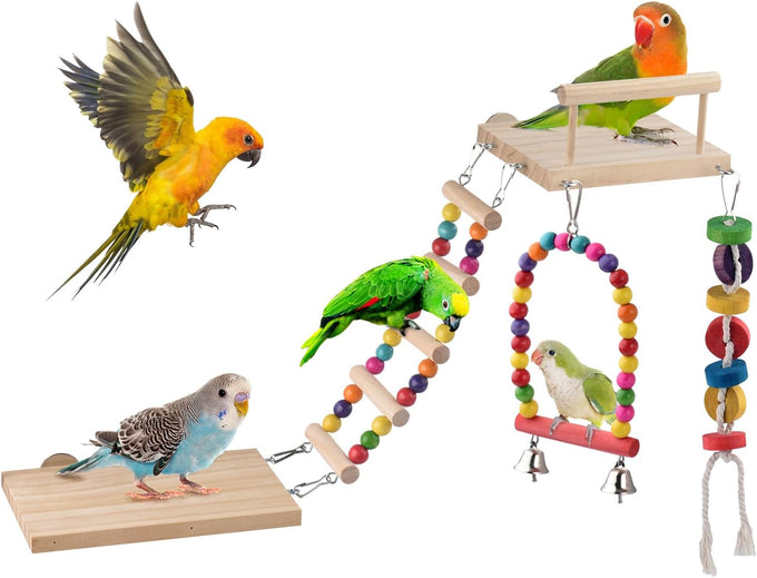 dbness 5in1 wooden bird perch toys for parakeet parrot cage accessories with climbing ladder swing and perches