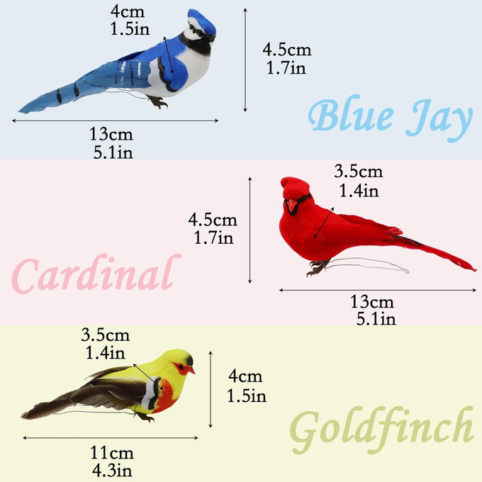 Lwingflyer 3pcs artificial birds realistic red cardinal blue jay yellow goldfinch with wire feet assorted ornaments for xmas tree decoration and crafts