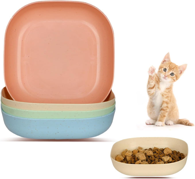 6 inch Wide Shallow Cat Bowls, 4Pcs, Food-Grade PP for Small Cats and Dogs, Whisker Fatigue Relief, Easy to Clean, Multicolor