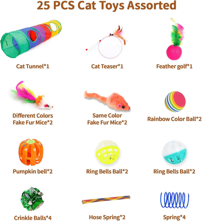 iCAGY interactive cat toy bundle for indoor cats, 25 pcs, 45 inches rainbow tunnel, colorful springs, feathers, balls, and mice